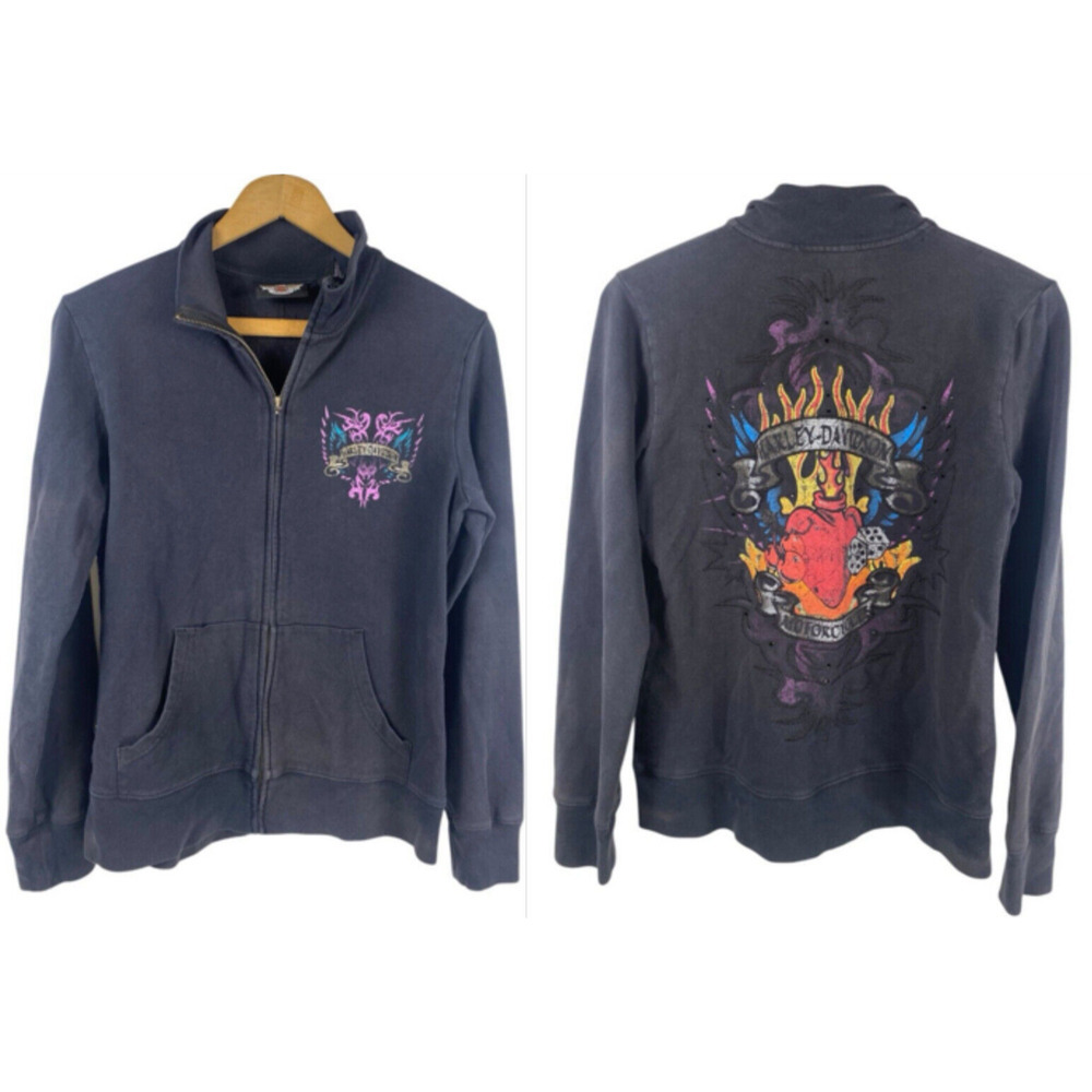 Harley Davidson Track Jacket Size M Womens Flame Poker Dice Y2K Biker Grunge